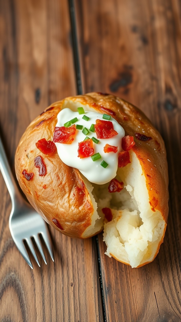 A baked potato with sour cream, chives, and bacon bits on a rustic table.